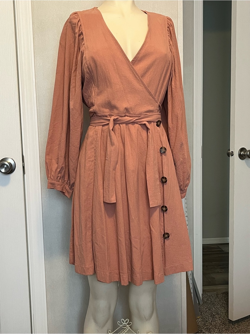 Wrap around button long sleeve dress